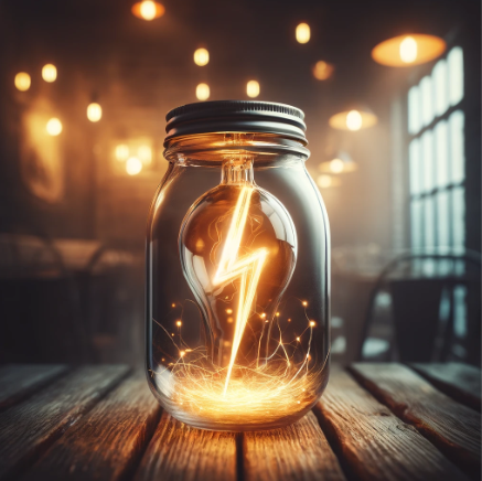 lightbulb with lightning bolt in a jar on a wooden table